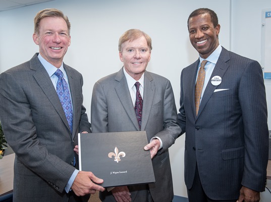 (From left) Entergy Chairman and CEO Leo Denault, former Entergy Chairman and CEO Wayne Leonard and Entergy Executive Vice President and General Counsel Marcus Brown at New Orleans' new J. Wayne Leonard Prosperity Center.